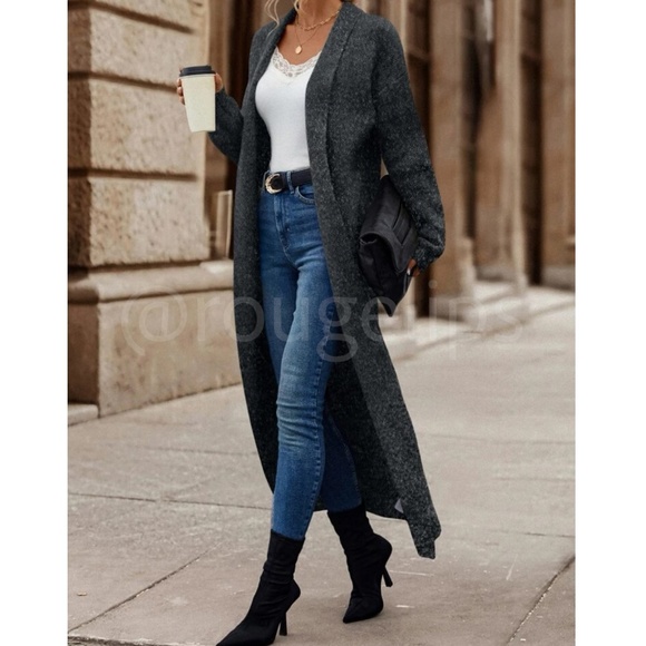 Charcoal Grey Duster Shawl Cardigan Knit Long Open Long Sleeve - Picture 1 of 9